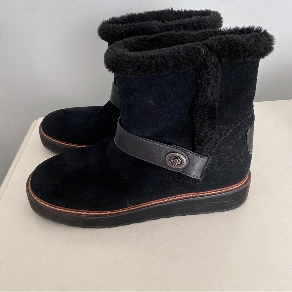 Coach Illia Black Suede Short Boot with Faux Fur Lining